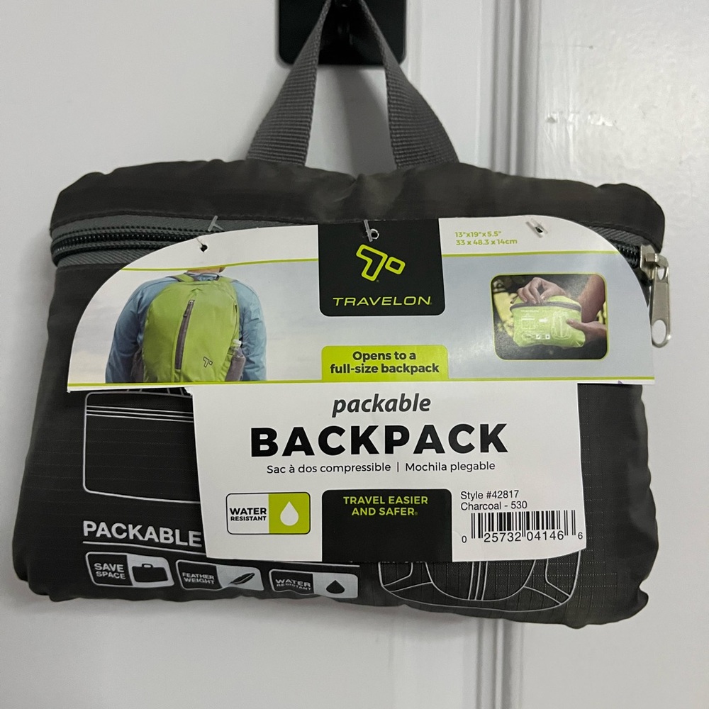 Travelon Packable Backpack - Charcoal foldup bag NEW Gift It hikers